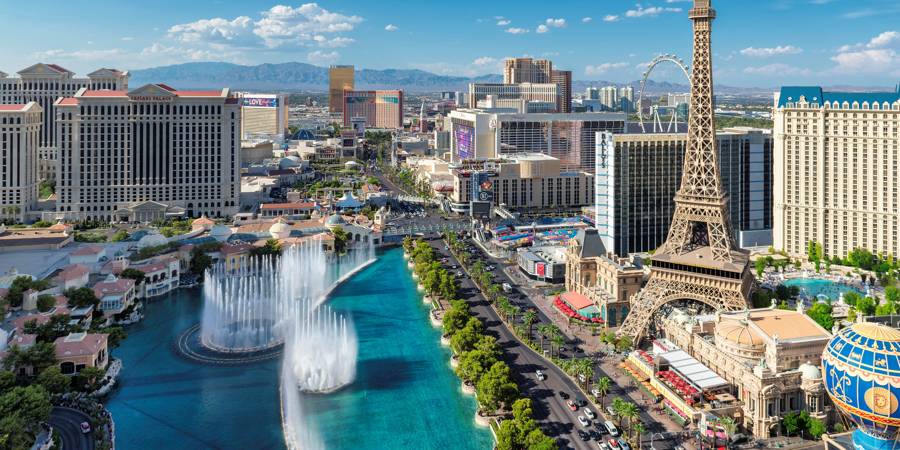 Las Vegas Strip aerial view with Bellagio fountains